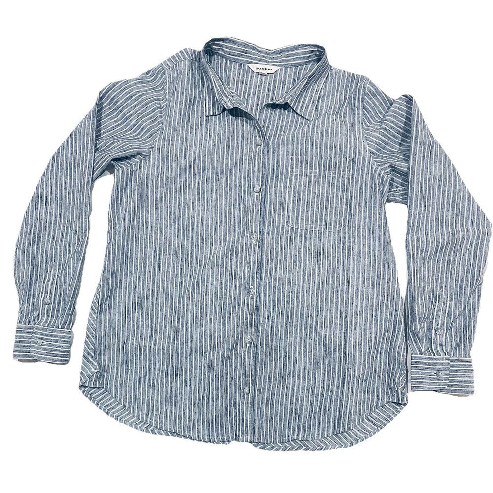 Lucky Brand Shirt Women’s L Blue White Striped Chambray Button Front Long Sleeve - Picture 3 of 7